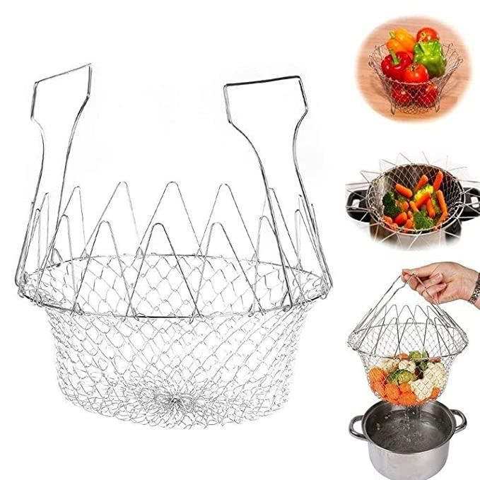 Frying Basket-Multi Function Chef Basket 12-in-1 Stainless Steel Foldable Kitchen Tool for Rinse, Cook, Deep Fry