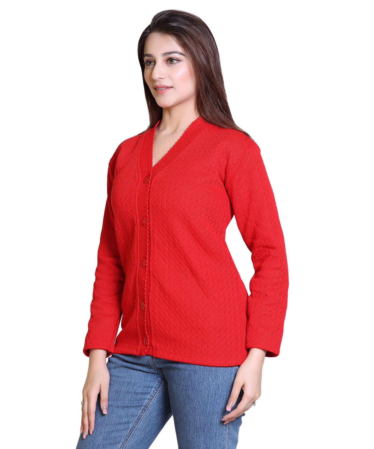 Women's Woolen Self Design/Woven V-Neck Cardigan