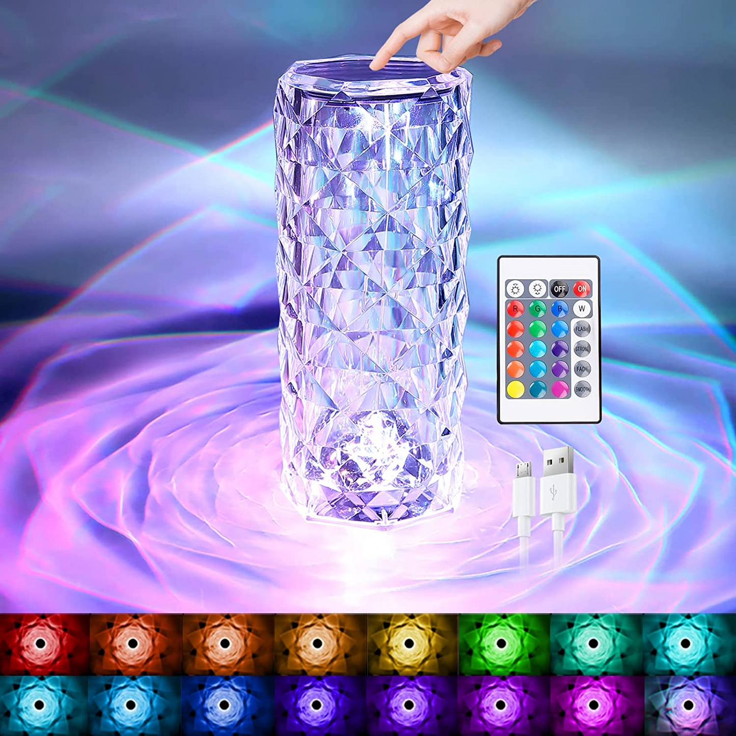 Touch Table Lamp Crystal LED Night Light, 16 Colors Rechargeable Rose Diamond Table Lamp with Touch Control, USB Table Lamps, Romantic iPretty Lighting Decor for Bedroom (Multi-Color)