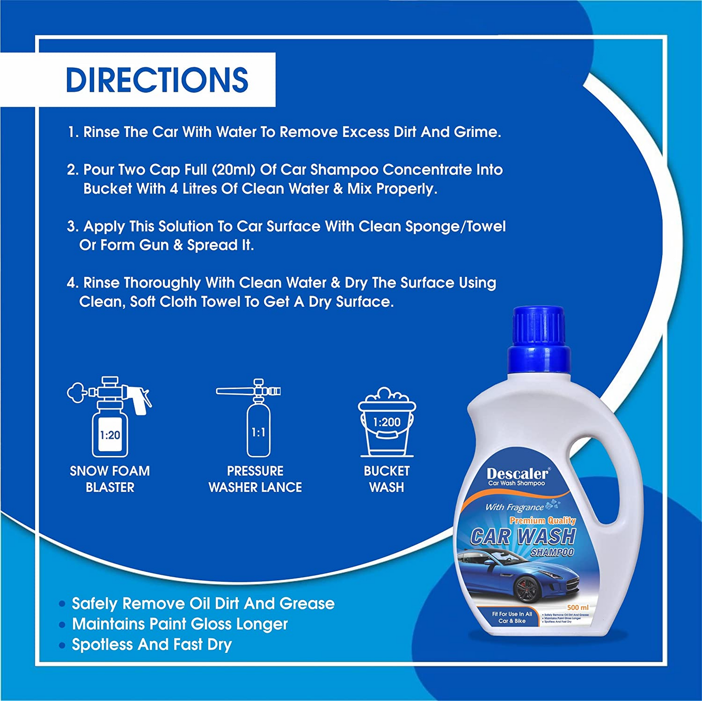 Descaler Car Washing Shampoo Liquid with Extra Foaming for Car Care and Cleaning Spot Free Cleaning Scratch or Leave Wat 500ml