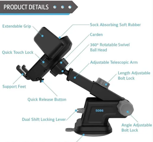iPretty Long Neck Silicone Sucker Car Cradle Mobile Phone Holder Mount Stand One Touch 360 Degree Rotatable Telescopic Neck for Dashboard Windshield Compatible with All Smartphones Upto 6.5" Inch