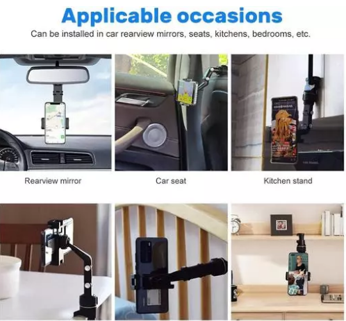 iPretty 360 Degree Rotation Universal Adjustable Car Mount Holder for Rear View Mirror with Anti-Vibration Pads Stand, Supports Up to 6.9 inch Mobiles (Black)