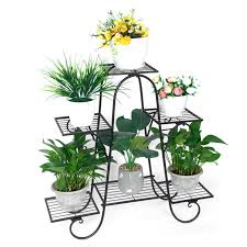 Golden Art HANDICRAFTS 6 Tier Plant Stand Floral Corner Shelf Metal Flower Pot Rack Stair-Step Style Display Ladder for Garden Balcony Indoor Outdoor (74 X 25 X 80 cm, Black)
