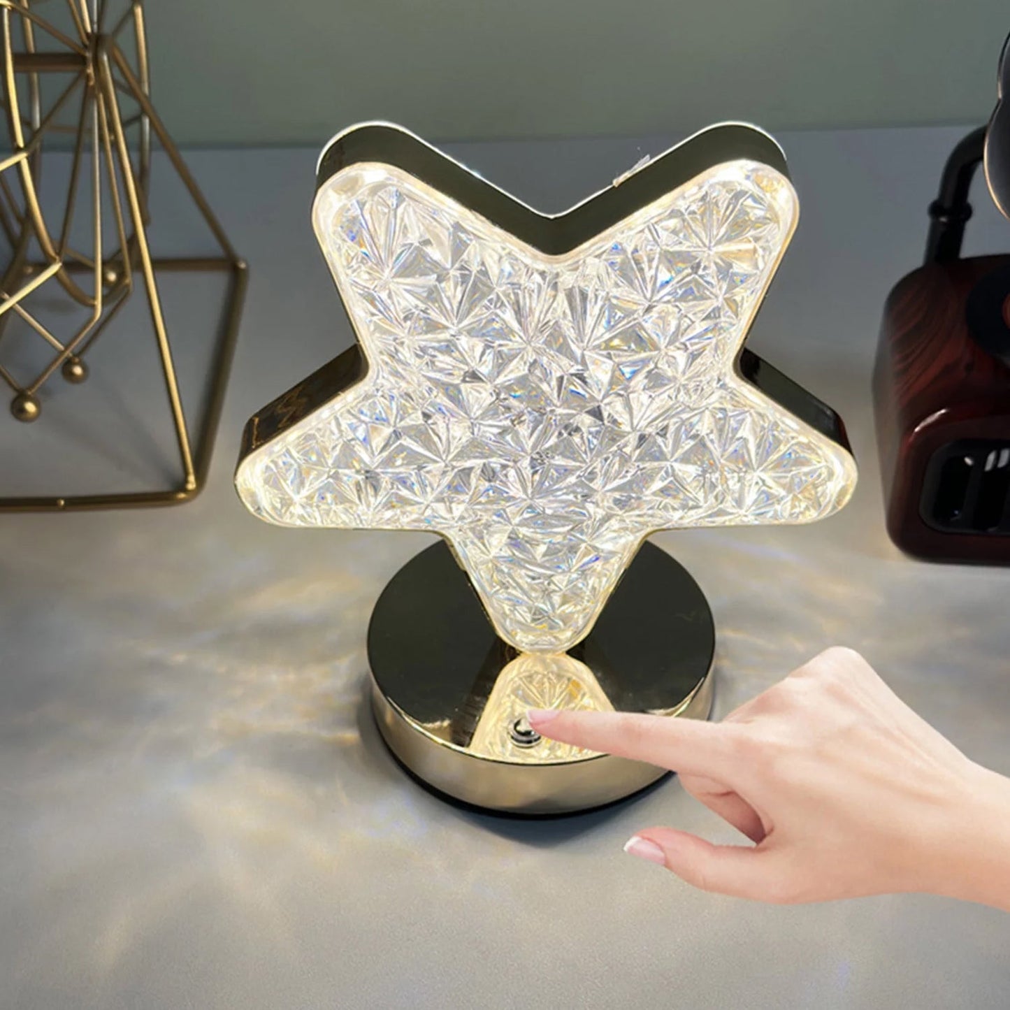 Star Shape Crystal Diamond Lamp Cordless with USB Rechargeable, 3-Way Dimmable Nightstand Lamp