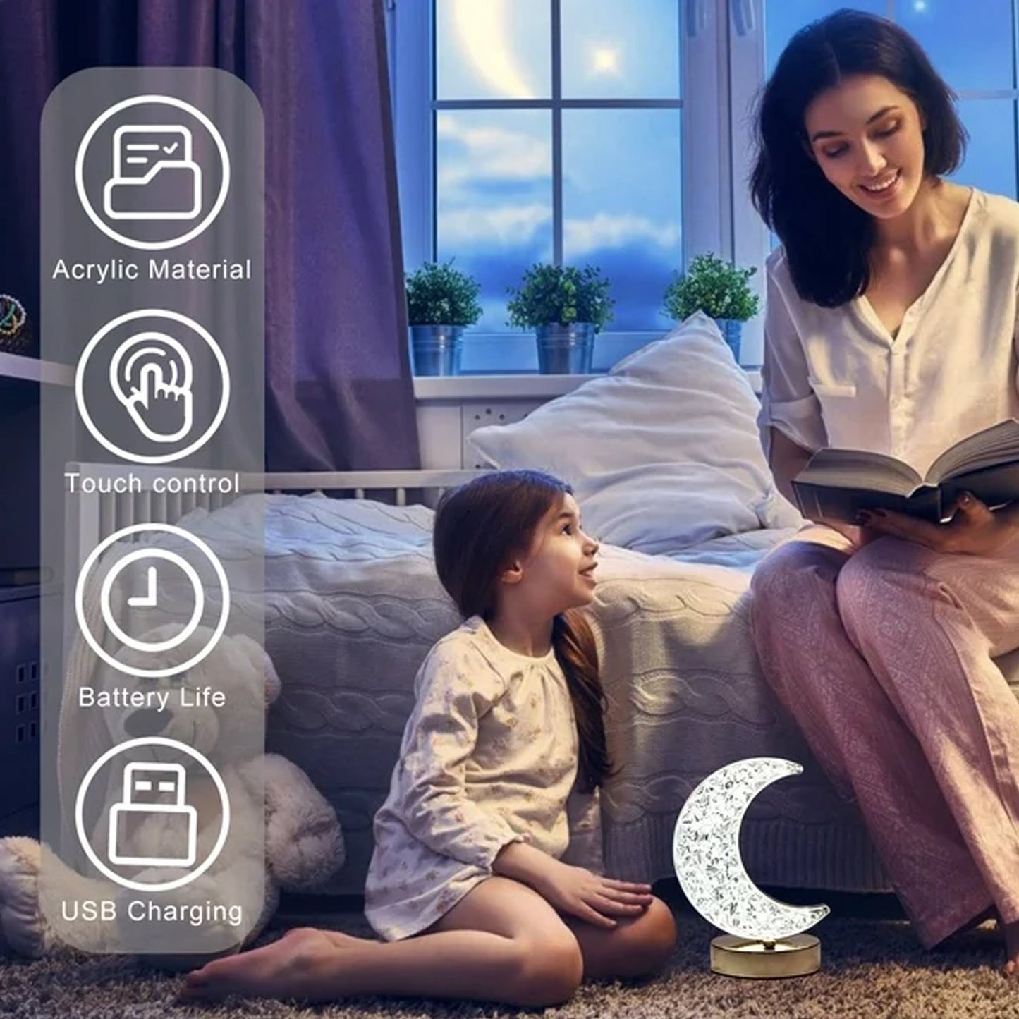 Moon Shape Crystal Table Lamp with Touch Control 3 Color Room Lamp Dimming USB Charging Touch Night Light