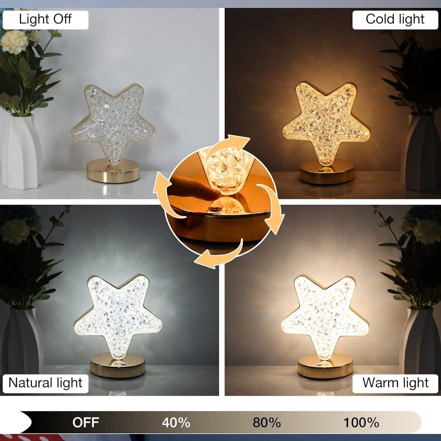 Star Shape Crystal Diamond Lamp Cordless with USB Rechargeable, 3-Way Dimmable Nightstand Lamp