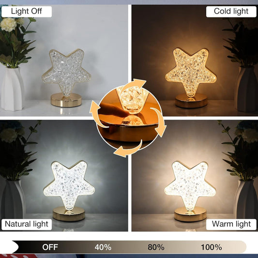 Star Shape Crystal Diamond Lamp Cordless with USB Rechargeable, 3-Way Dimmable Nightstand Lamp