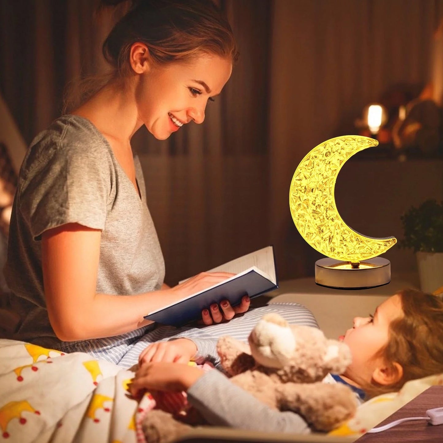 Moon Shape Crystal Table Lamp with Touch Control 3 Color Room Lamp Dimming USB Charging Touch Night Light