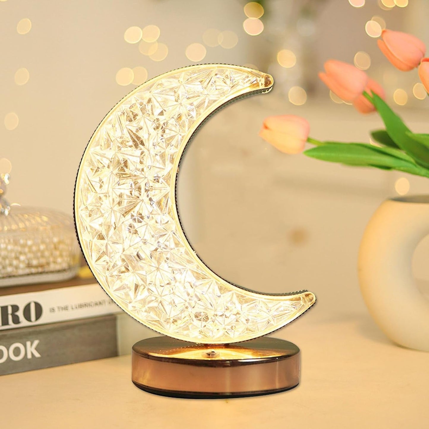 Moon Shape Crystal Table Lamp with Touch Control 3 Color Room Lamp Dimming USB Charging Touch Night Light