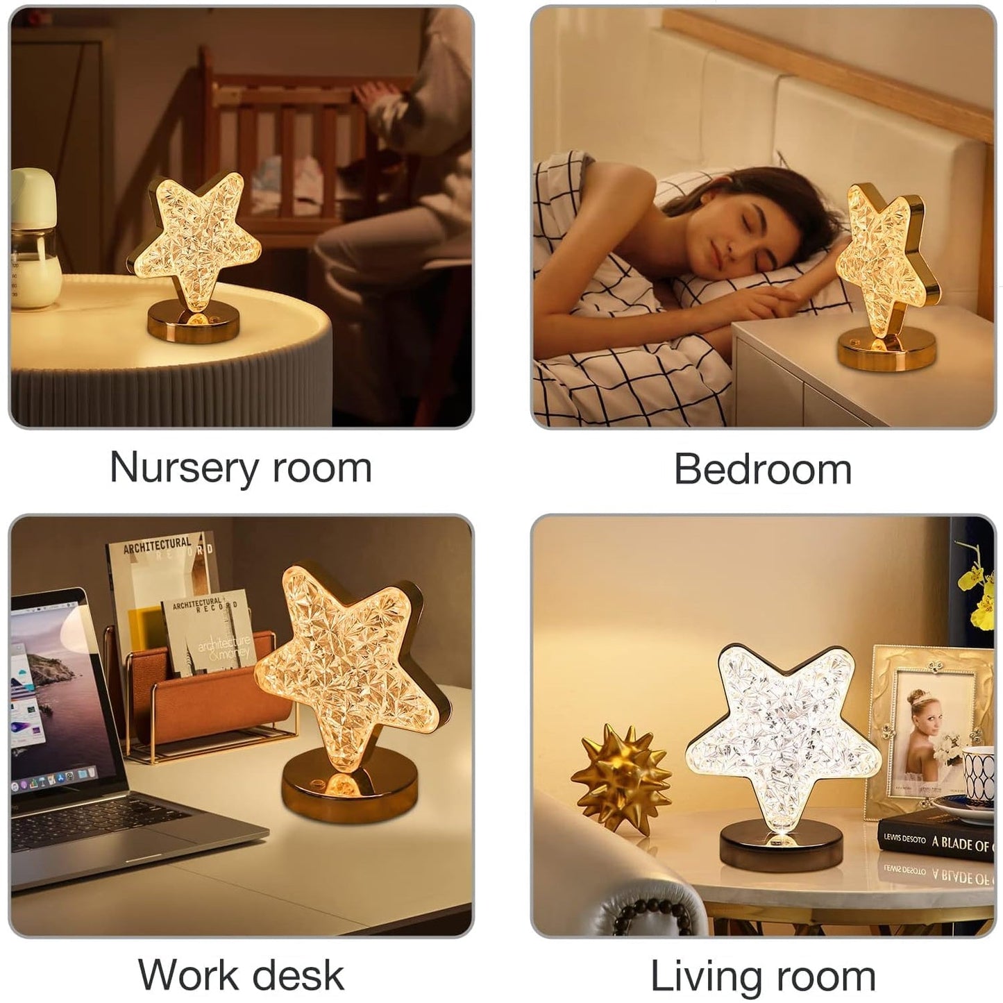 Star Shape Crystal Diamond Lamp Cordless with USB Rechargeable, 3-Way Dimmable Nightstand Lamp