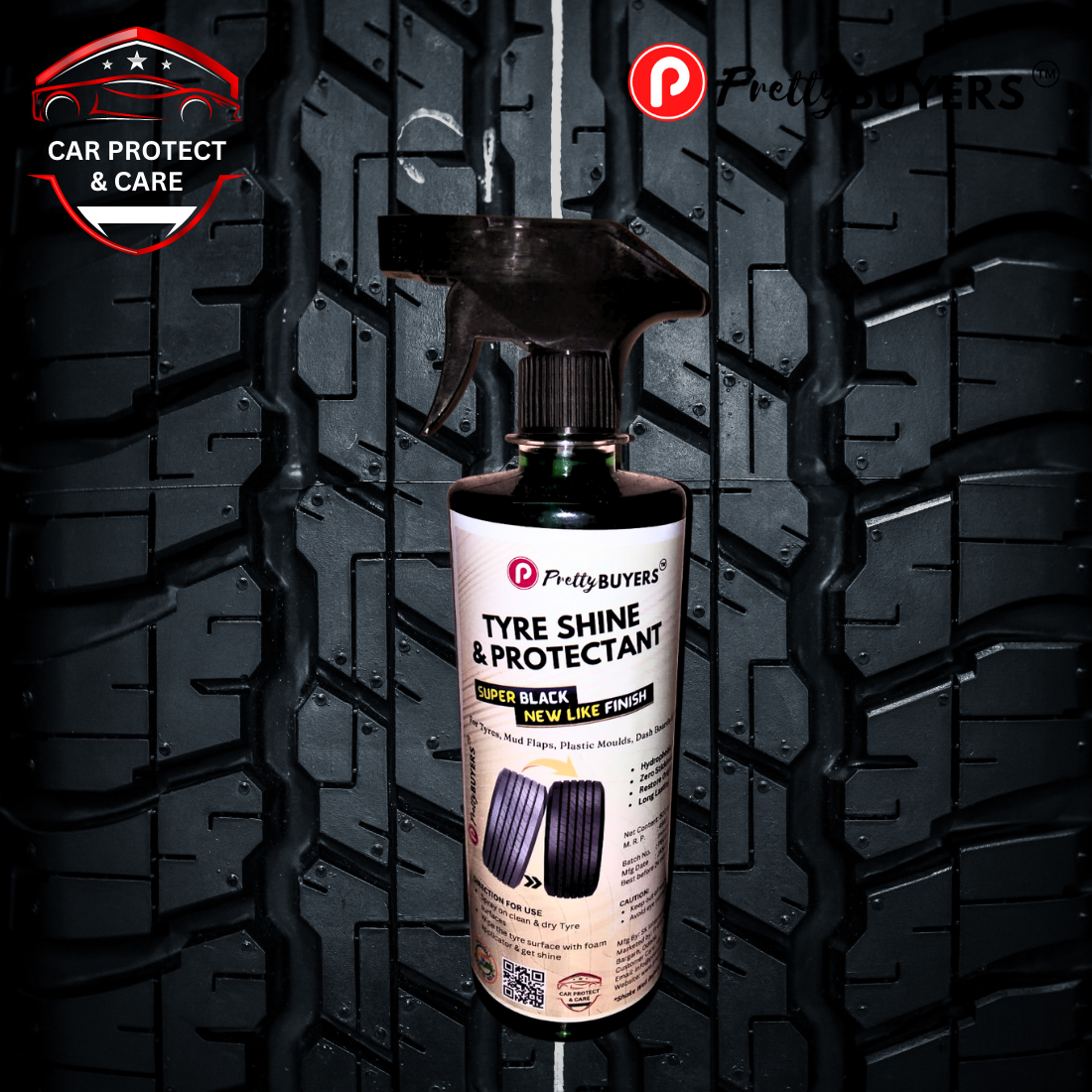 PrettyBUYERS Tyre Shine and Protectant Spray 500 ML for Car & Bike | Long Lasting Tyre Polish | Non-Greasy No Sling Formulation No Dust Attraction (Pack Of 2)