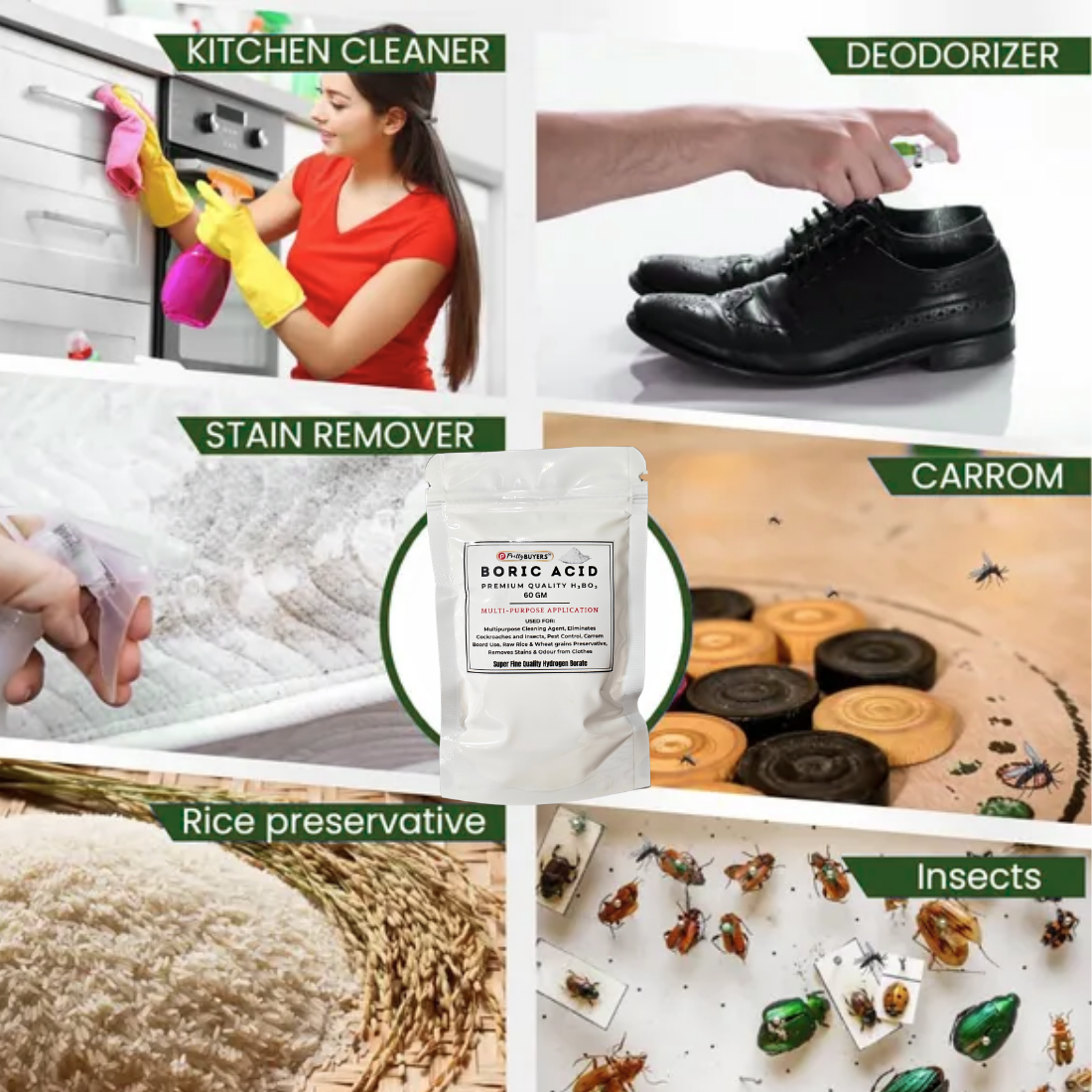 Boric Acid Powder for Cockroahes Repellent|Carrom Board Powder|Rice Preservative | All Purpose Cleaner | 60GM (Pack Of 2)