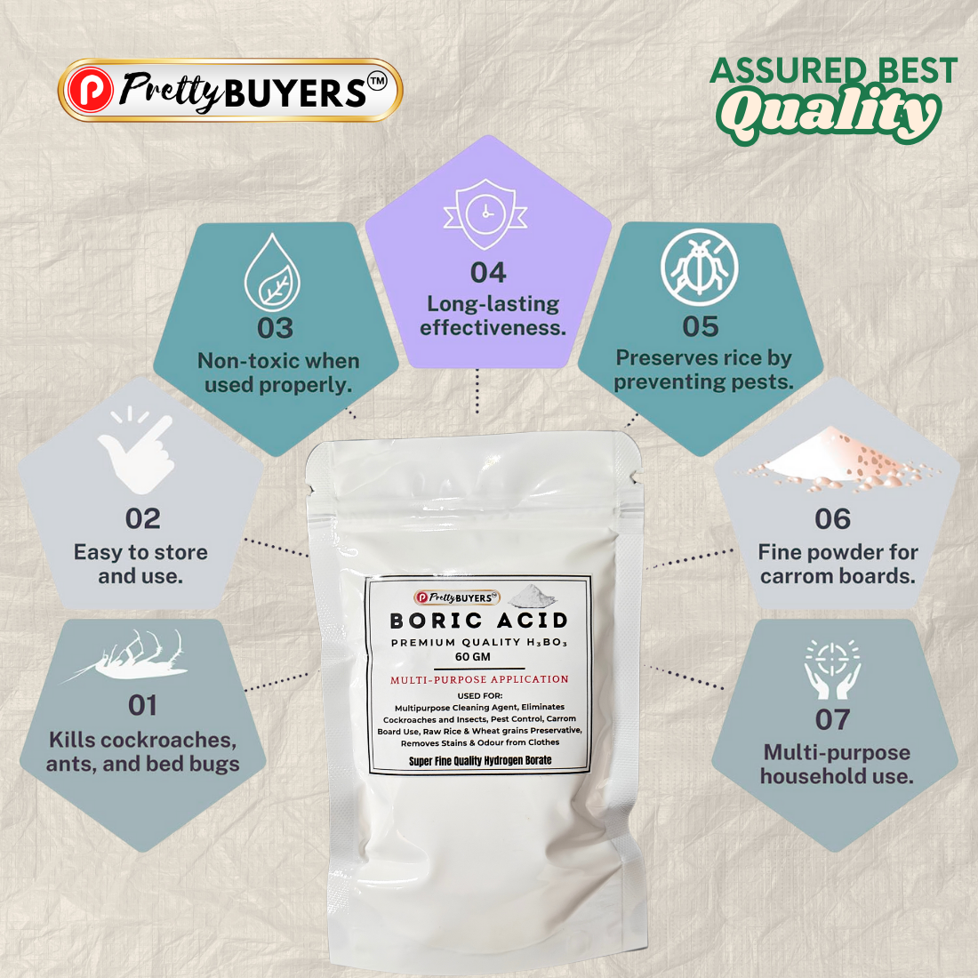 Boric Acid Powder for Cockroahes Repellent|Carrom Board Powder|Rice Preservative | All Purpose Cleaner | 60GM (Pack Of 2)
