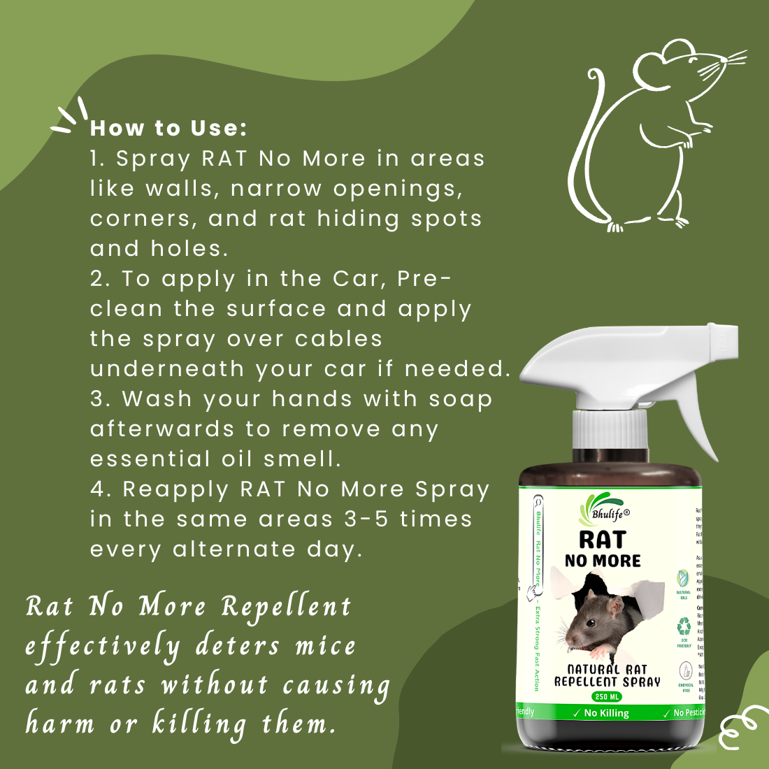 Bhulife Organic Rat Repellent Spray For Home, Godowns & Cars | Ready To Use Rat Spray 250ML (Pack Of 2)