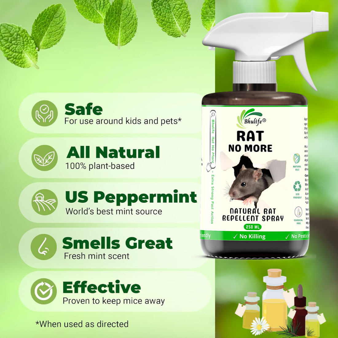 Bhulife Organic Rat Repellent Spray For Home, Godowns & Cars | Ready To Use Rat Spray 250ML (Pack Of 2)