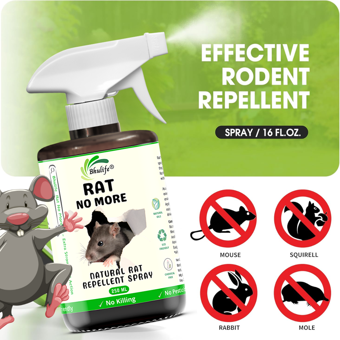 Bhulife Organic Rat Repellent Spray For Home, Godowns & Cars | Ready To Use Rat Spray 250ML (Pack Of 2)