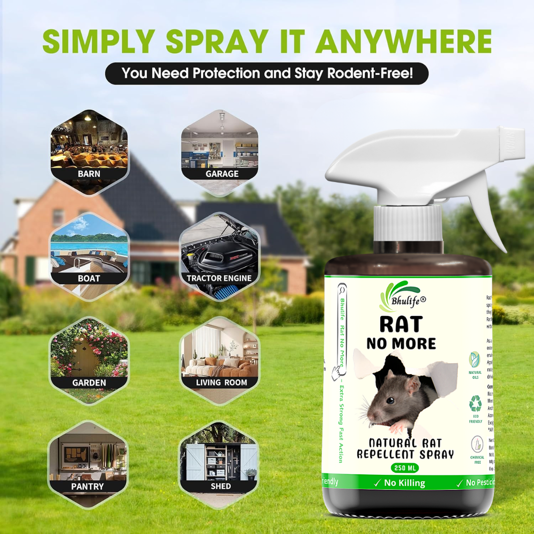 Bhulife Organic Rat Repellent Spray For Home, Godowns & Cars | Ready To Use Rat Spray 250ML (Pack Of 2)