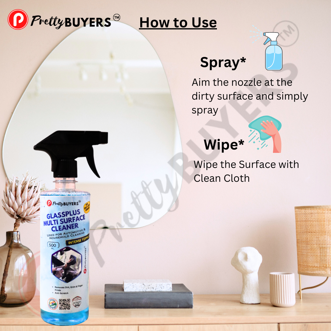 PrettyBUYERS Glass and Surface Cleaner Liquid Spray - 500 ML | All-Purpose Glass Cleaner for Car, Kitchen, and Home Surfaces | Multi-Surface Cleaner