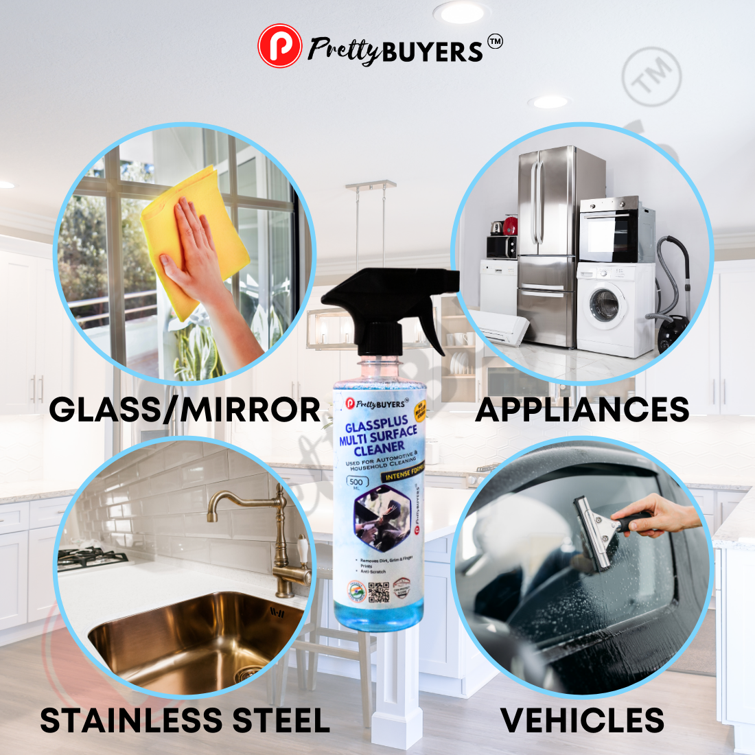 PrettyBUYERS Glass and Surface Cleaner Liquid Spray - 500 ML | All-Purpose Glass Cleaner for Car, Kitchen, and Home Surfaces | Multi-Surface Cleaner