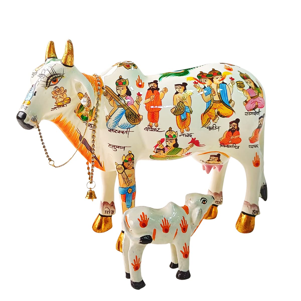 Kamdhenu Cow With Calf Hand Painted Statue for Hindu God