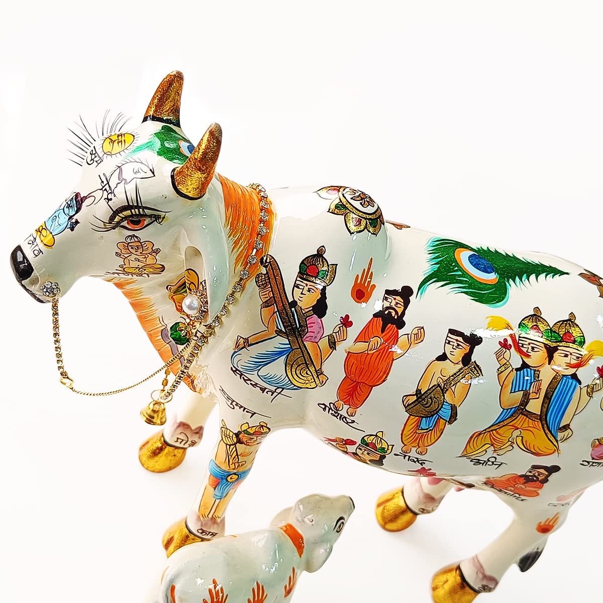 Kamdhenu Cow With Calf Hand Painted Statue for Hindu God