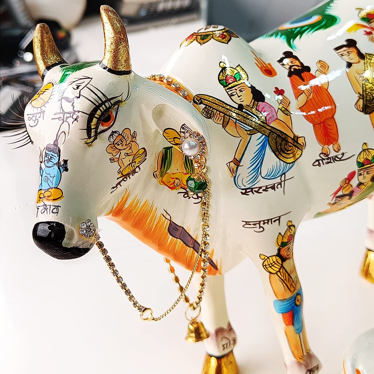 Kamdhenu Cow With Calf Hand Painted Statue for Hindu God