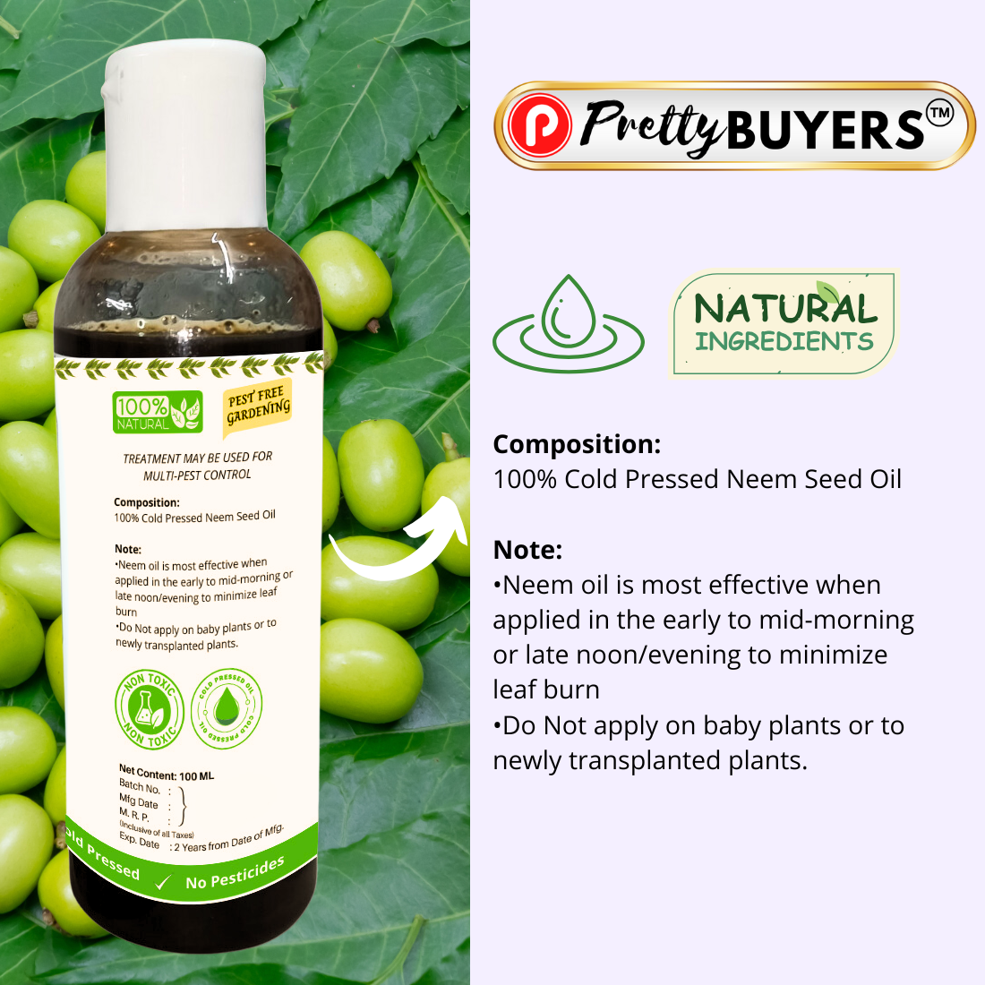 PrettyBUYERS Organic Neem Oil for Plants 100 ml | Make 20 Liter Neem Spray