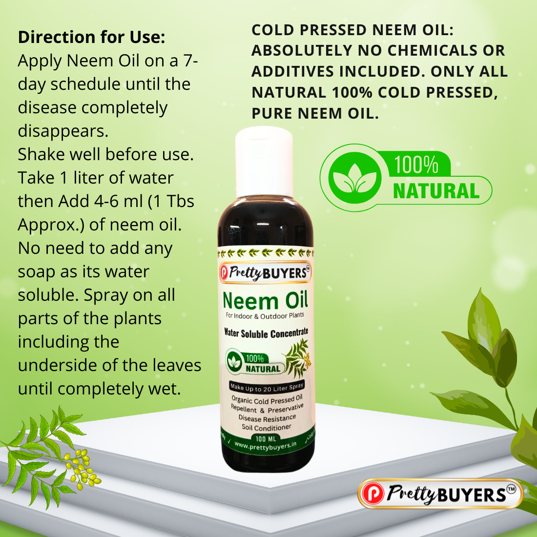 PrettyBUYERS Organic Neem Oil for Plants 100 ml | Make 20 Liter Neem Spray