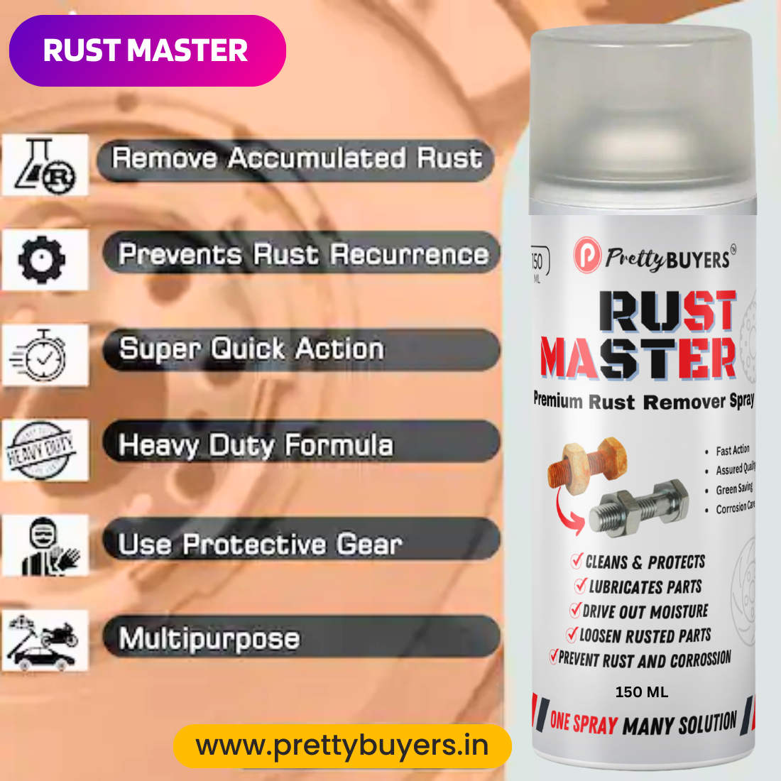 PrettyBUYERS RUST Master - Instant Rust Remover Spray (150 mlx1) | Removes Rust | Protects from Corrosion