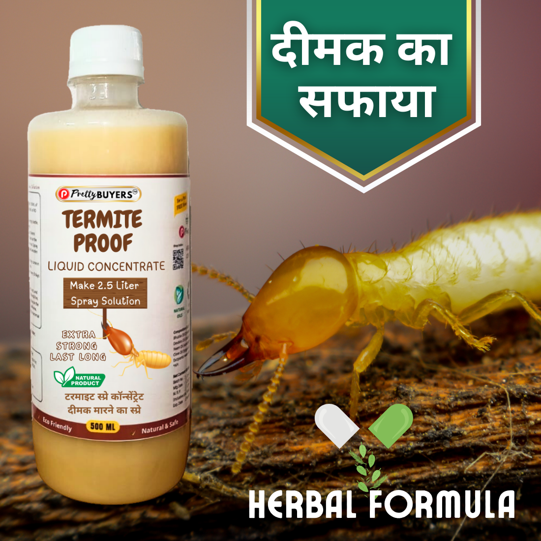 PrettyBUYERS Herbal Termite Killer Concentrated Solution | Make 5Lt Termite Spray From This Solution | 500ML (Pack Of 2)