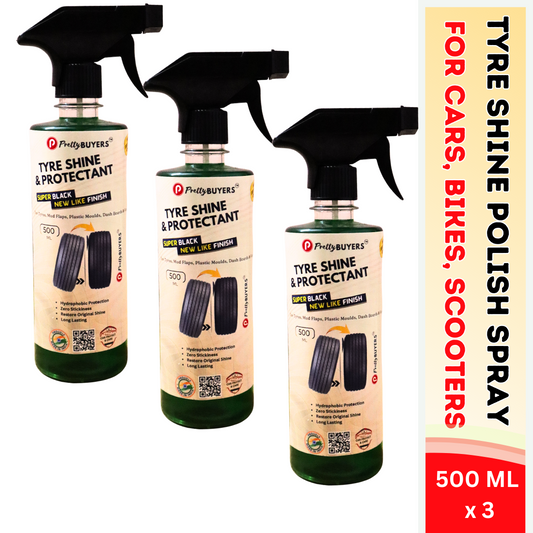 PrettyBUYERS Tyre Shine and Protectant Spray 500 ML for Car & Bike | Long Lasting Tyre Polish | Non-Greasy No Sling Formulation No Dust Attraction (Pack Of 3)
