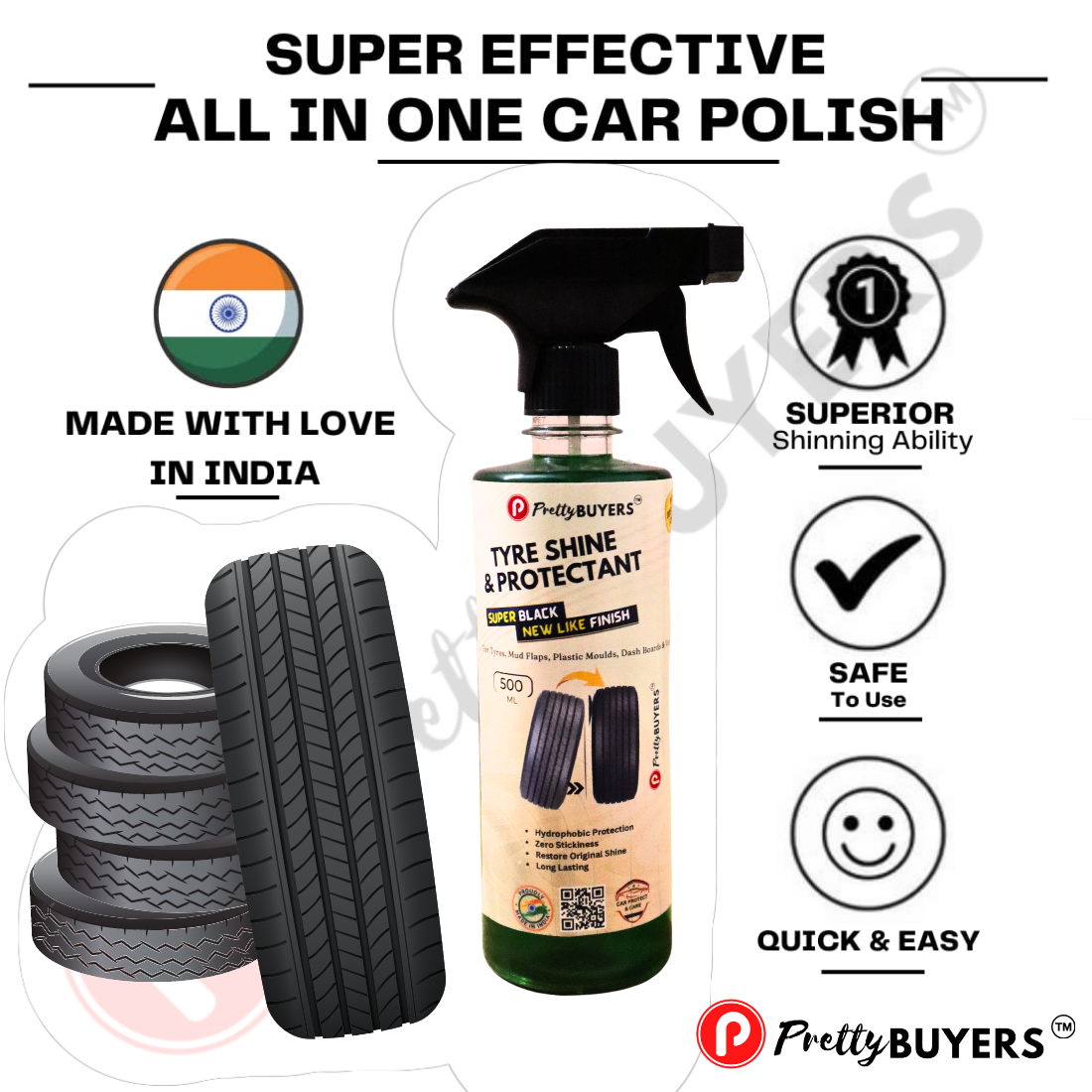 PrettyBUYERS Tyre Shine and Protectant Spray 500 ML for Car & Bike | Long Lasting Tyre Polish | Non-Greasy No Sling Formulation No Dust Attraction (Pack Of 2)