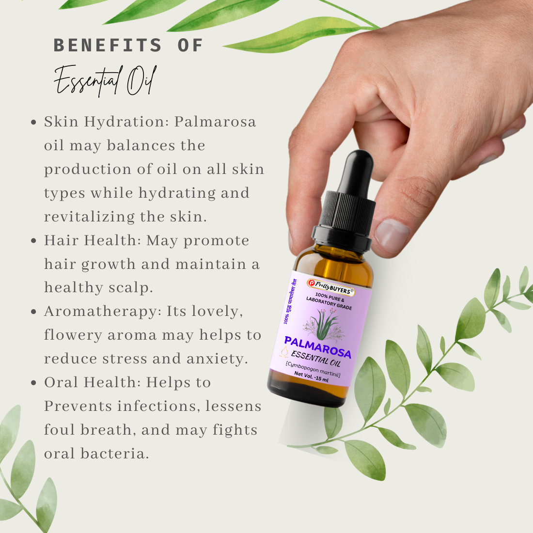 PrettyBUYERS Palmarosa Essential Oil  Dropper | Therapeutic Grade - Ideal for Stress Relief | 15ML (Pack Of 2)