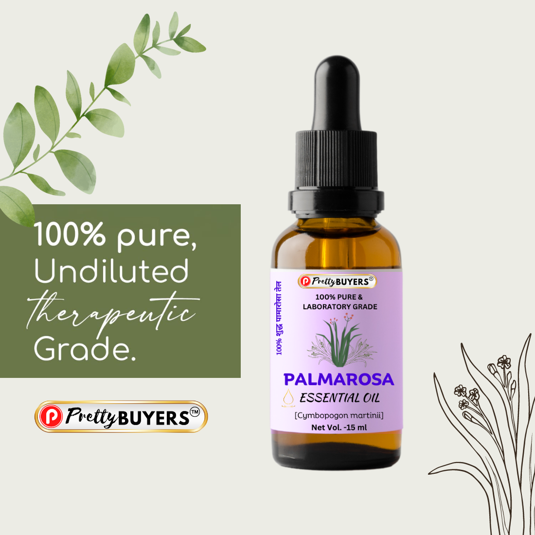 PrettyBUYERS Palmarosa Essential Oil  Dropper | Therapeutic Grade - Ideal for Stress Relief | 15ML (Pack Of 2)