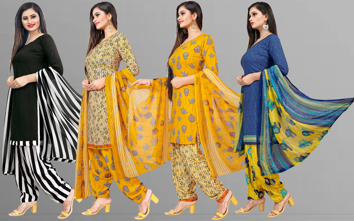 Women's Beautiful Multicoloured Printed Free Size Dress Material with Dupatta (Pack of 4)