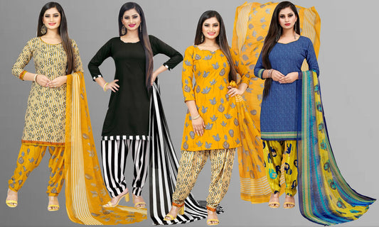 Women's Beautiful Multicoloured Printed Free Size Dress Material with Dupatta (Pack of 4)