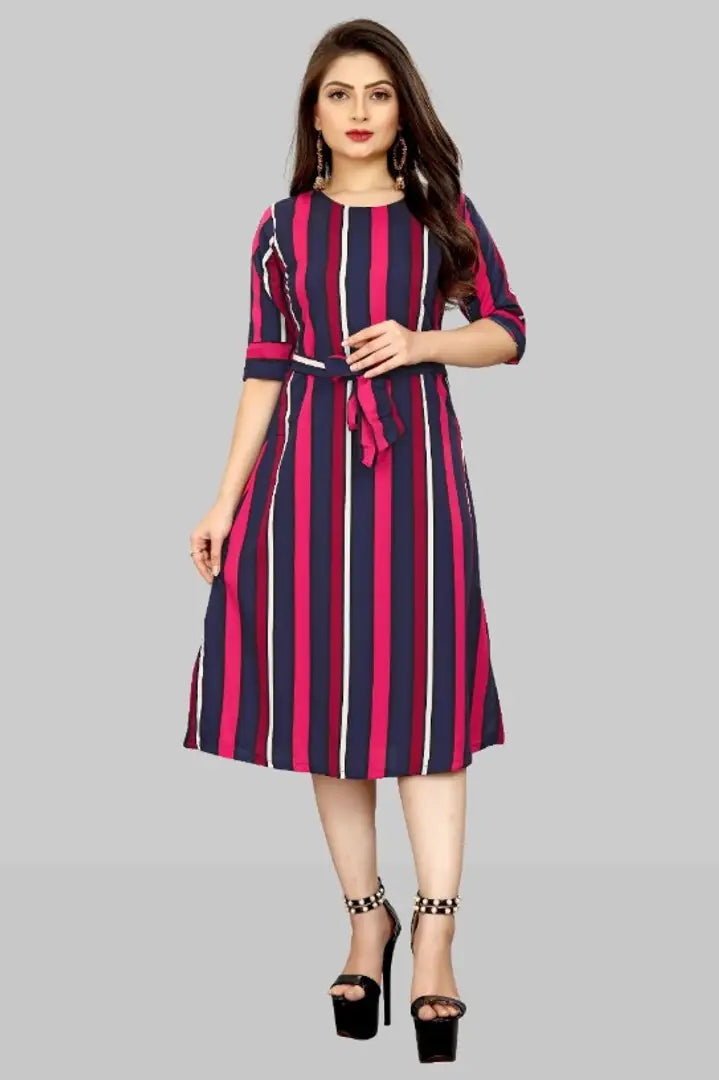 Stylish American Crepe Striped Round Neck Half Sleeves Dress For Women
