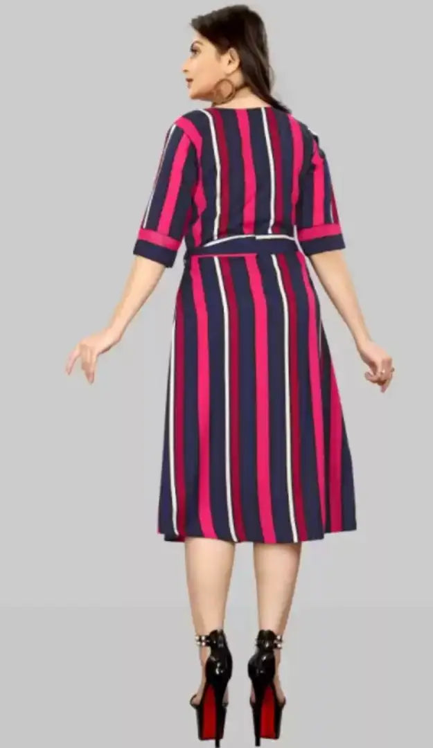 Stylish American Crepe Striped Round Neck Half Sleeves Dress For Women