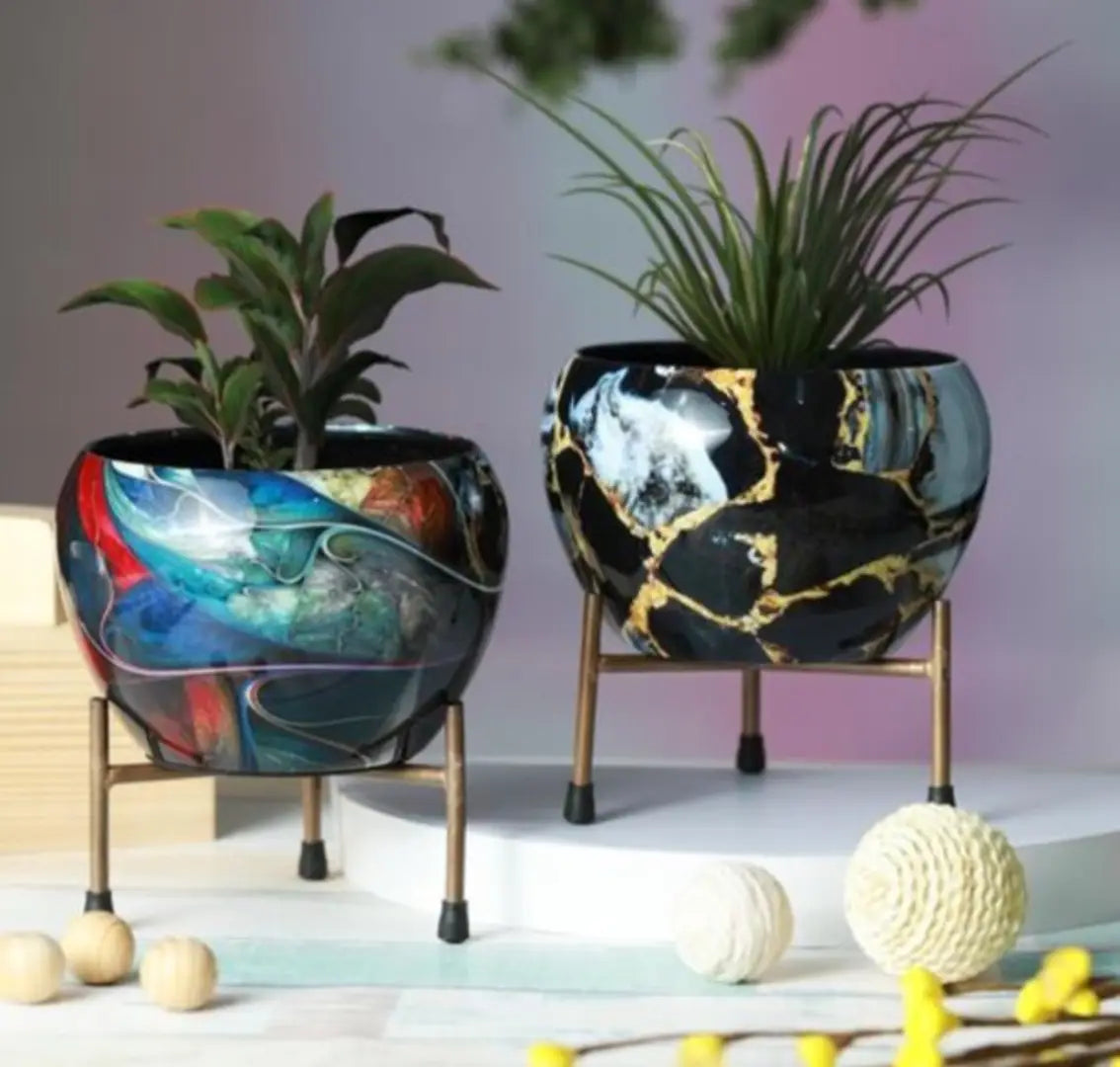 Decorative Pots for Indoor Plants Mid Century Modern Planter with Stand (Plants not Included) (5.5x6 inch) (Black)