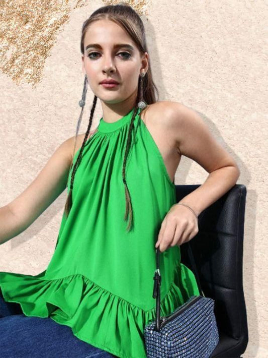 Style Quotient Women Stylish Green Solid Halter Neck Top