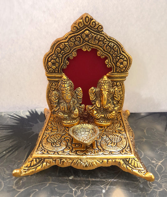 Oxide Metal Decorative Unique Handicraft Ganesh Laxmi Idol Showpiece with Oil Lamp Diya