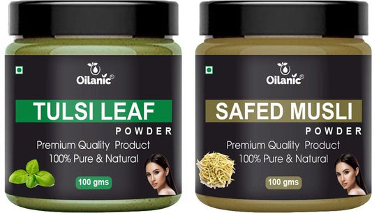 Oilanic  Pure & Natural Tulsi & Safed Musli Powder- For Skin & Hair Combo Pack of 2 Jar 100gm (200gm)