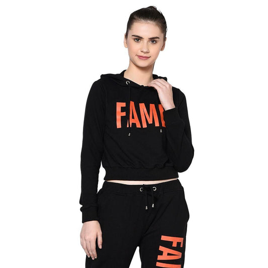 Rigo Women Black Hooded Printed Crop Terry Sweatshirt