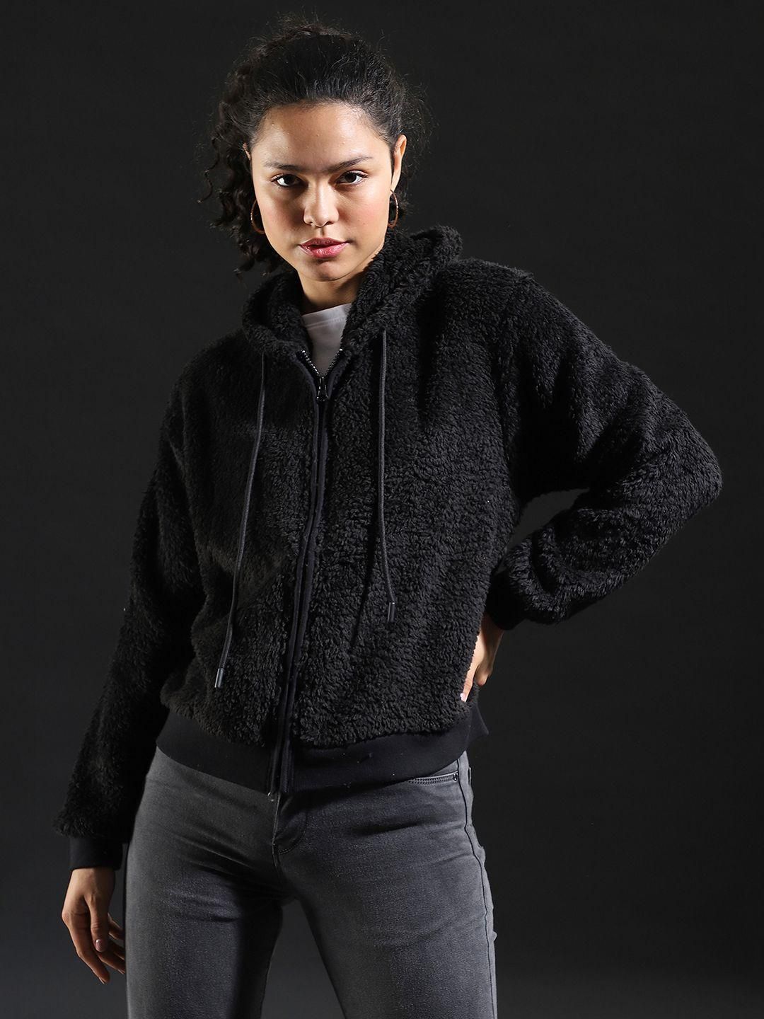 Women's Faux Fur Black Solid Sweatshirt