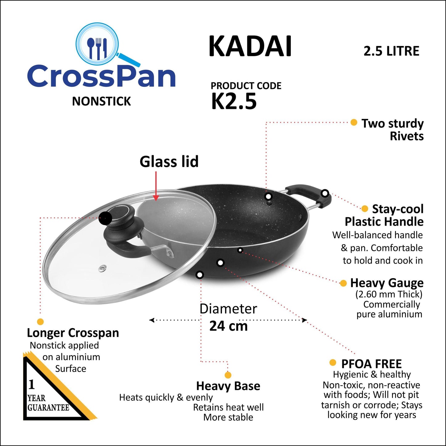 iPretty  Swadish Kadai-NonStick Kadai 24cm with Glass Lid Induction Base