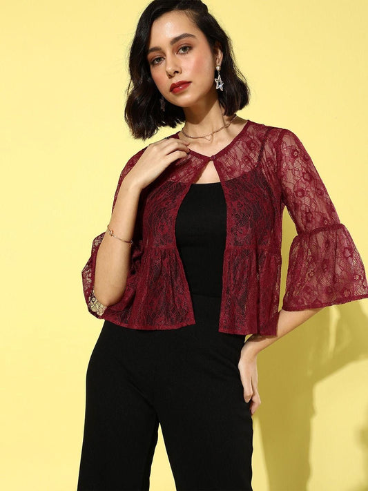 Style Quotient Women Maroon Self Design Shrug