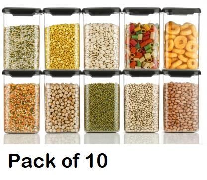 Containers-Unbreakable Air Tight Modular Kitchen Plastic Storage Containers Jars Canister Box Combo Set - 1100 ml Plastic Grocery Container (Pack of 10, Black)