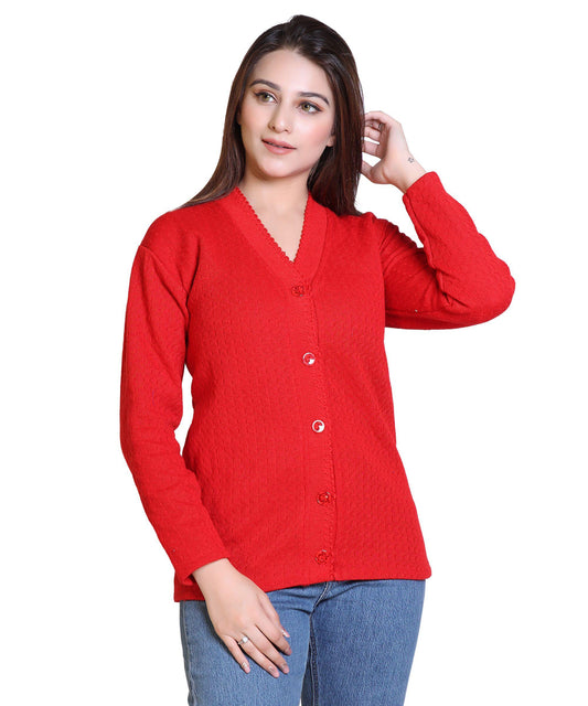 Women's Woolen Self Design/Woven V-Neck Cardigan