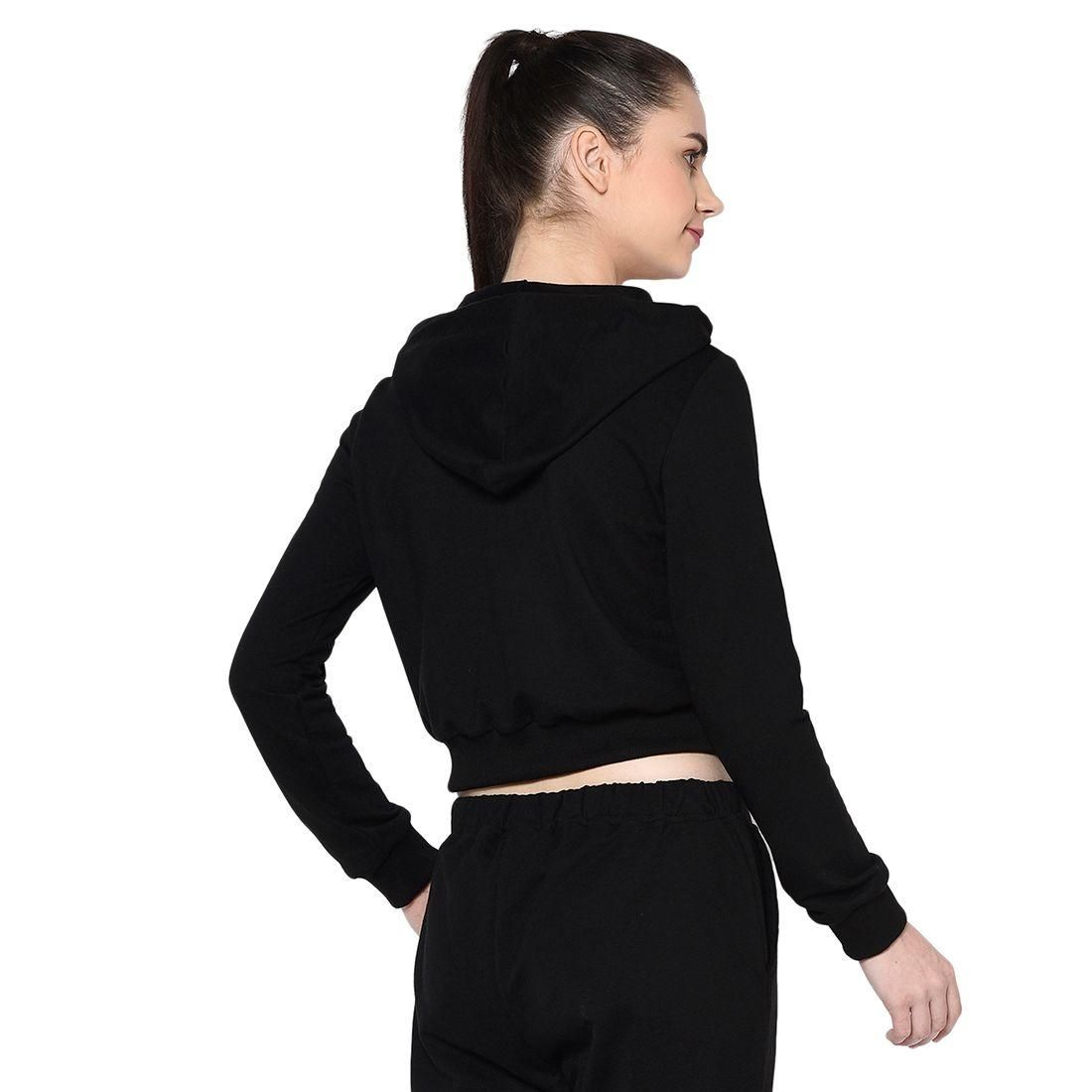 Rigo Women Black Hooded Printed Crop Terry Sweatshirt