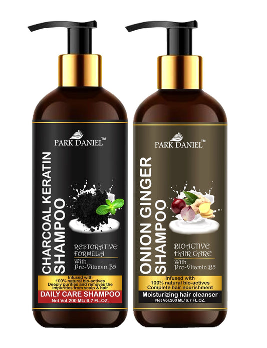 Park Daniel Premium Pure and Natural Charcoal Keratin Shampoo & Onion Ginger Shampoo Combo Pack Of 2 bottle of 200 ml(400 ml)